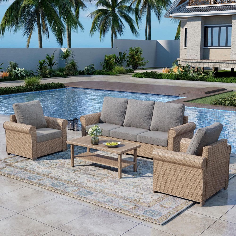 4-Piece Wicker Outdoor Patio Conversation Set with a Coffee Table and Gray Cushions price history on PriceWatchPro