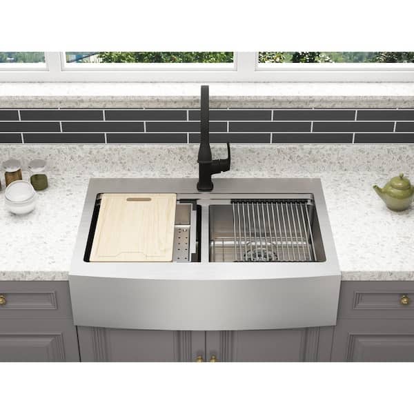 Blanchard 33 in. Drop-in/Undermount 50/50 Double Bowl 18-Gauge Stainless Steel 1-Hole Retrofit Workstation Farm Sink