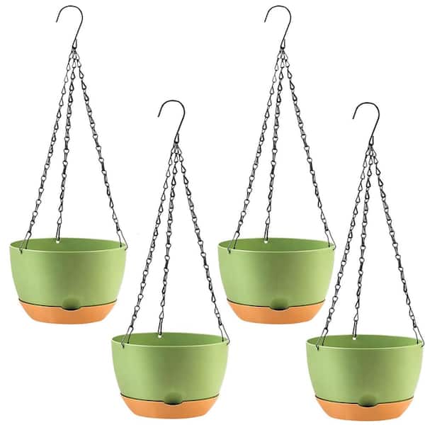 8 Inch Hanging Pots (4-Pack) - Sleek Round Hanging Planters for Houseplants, Succulents & Flowers (Green)