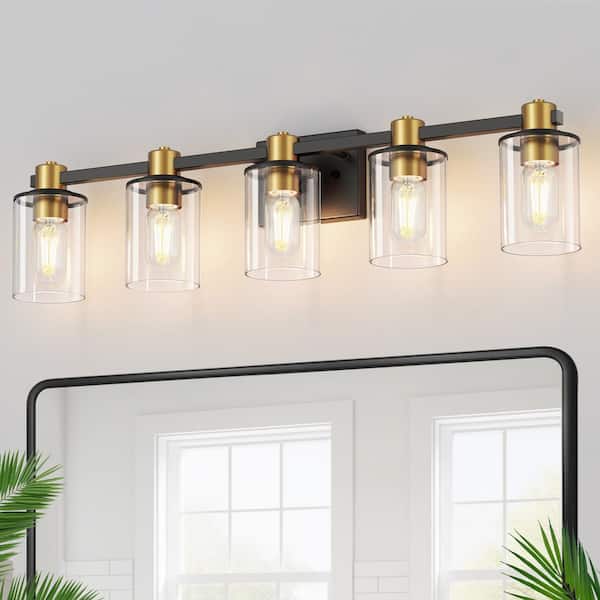 32 in. 5-Light Black and Gold Bathroom Vanity Light, Modern Wall Sconce with Clear Glass Shades for Bathroom, Mirror