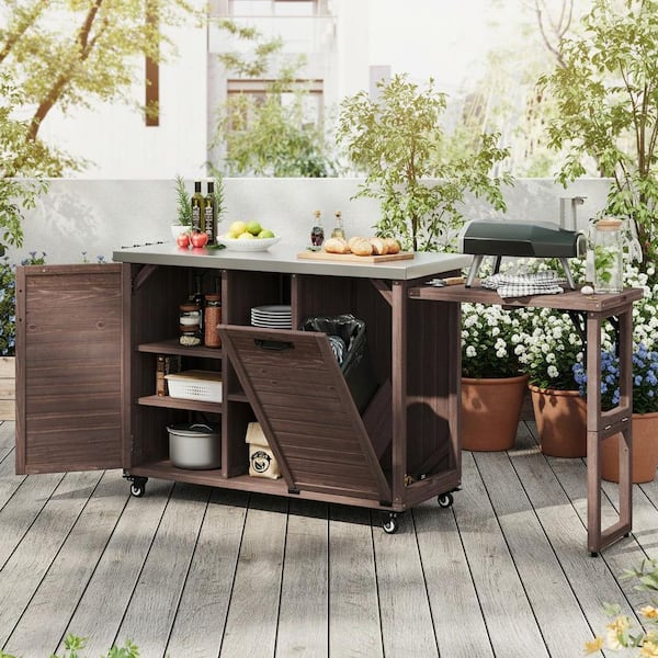 Cesicia Farmhouse Brown Stainless Steel 78.26 in. Outdoor Kitchen Cart Island with Trash Can Storage and Foldable Grill Table