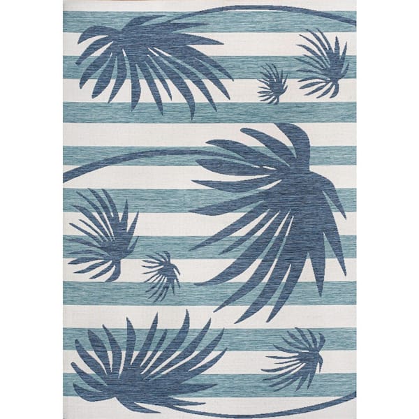 Veronica Classic Beach Stripe and Palm Leaf Navy/Cream 5 ft. x 8 ft. Indoor/Outdoor Area Rug