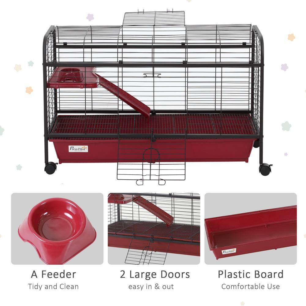 PawHut Red and Black Small Animal Cage with Ramp and Feeder