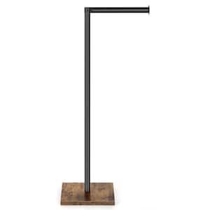 Freestanding Black Metal Toilet Paper Holder Stand with Wood Base