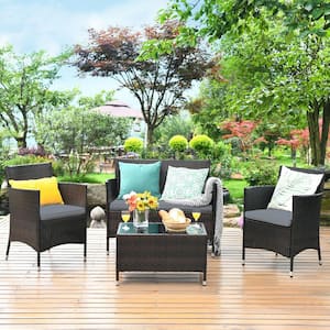 4-Piece Patio Rattan Conversation Set Outdoor Wicker Furniture Set with Tempered Glass in Gray Cushion