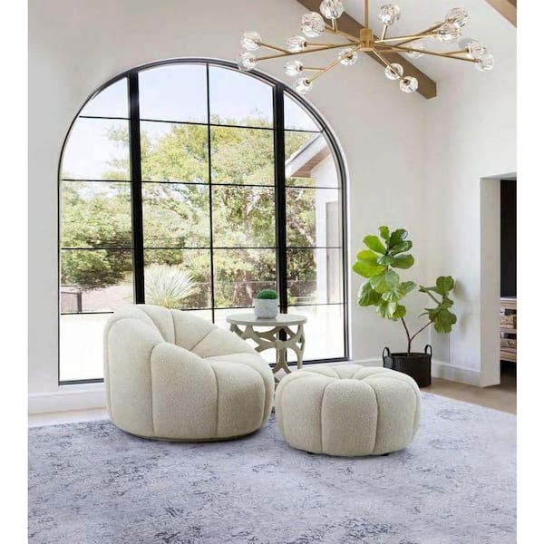 Divani Casa Gadson Contemporary White Sherpa Round Ottoman