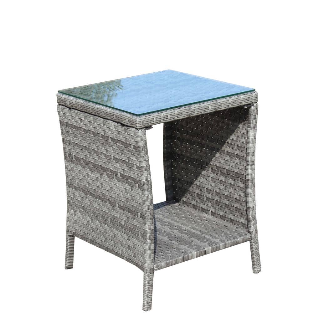 Outdoor Wicker Side Table, Patio Furniture Coffee Table with Clear Tempered