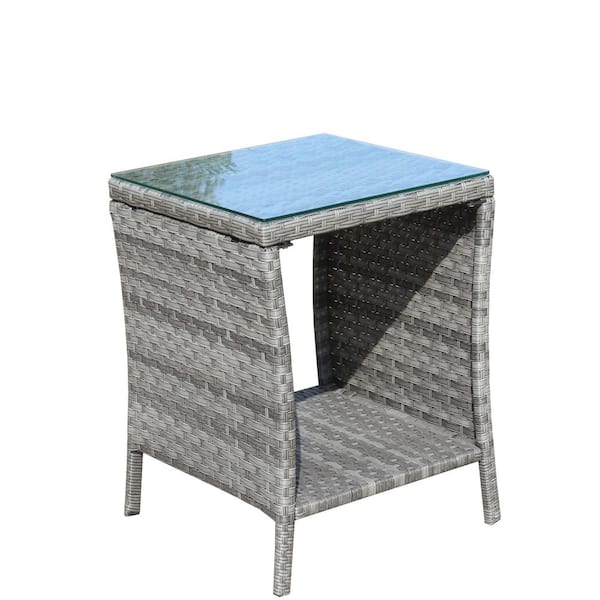 Unbranded Outdoor Wicker Side Table, Patio Furniture Coffee Table with Clear Tempered Glass, Grey