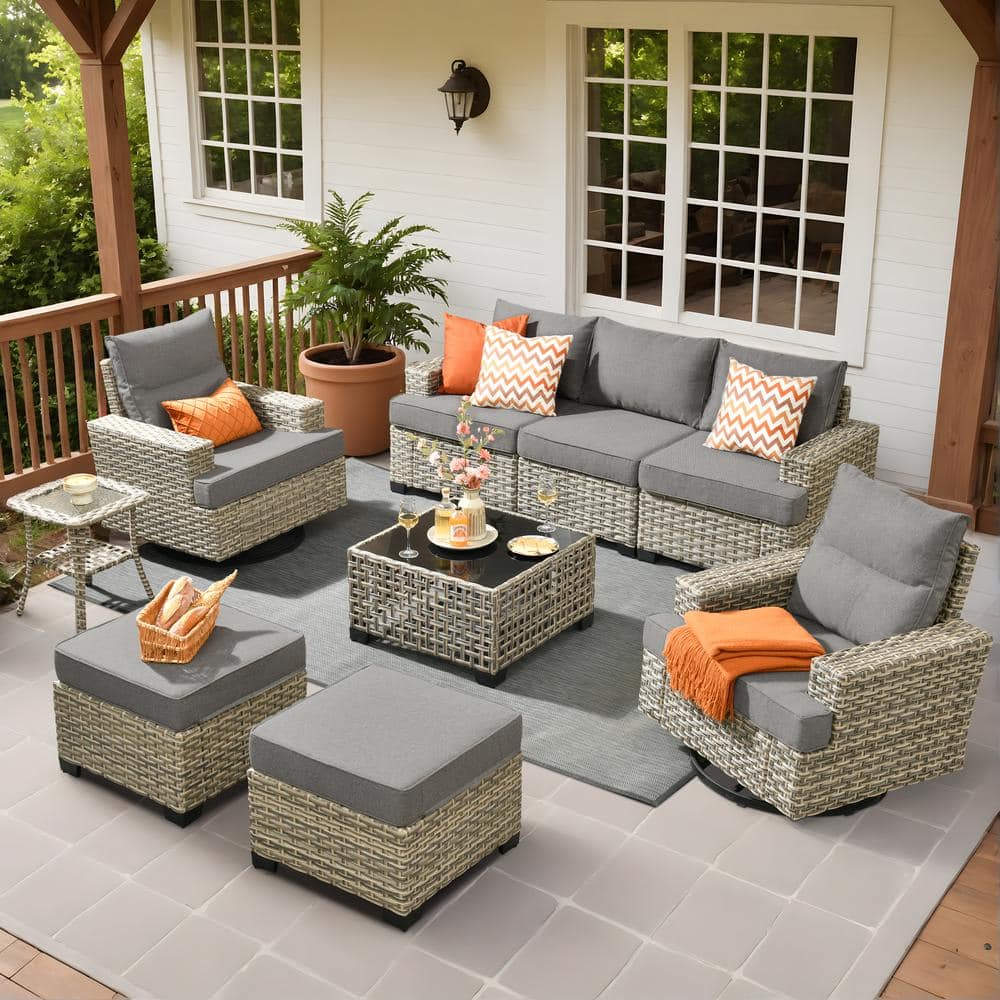 HOOOWOOO Kelleys 9-Piece Wicker Outdoor Patio Conversation Sofa Furniture Set with Swivel Chairs, Tables and Dark Grey Cushions