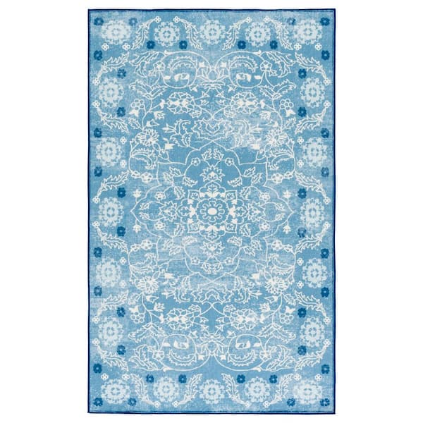 Martha Stewart Washable Blue/Beige 4 ft. x 6 ft. Machine Washable Geometric Border Floral Area Rug