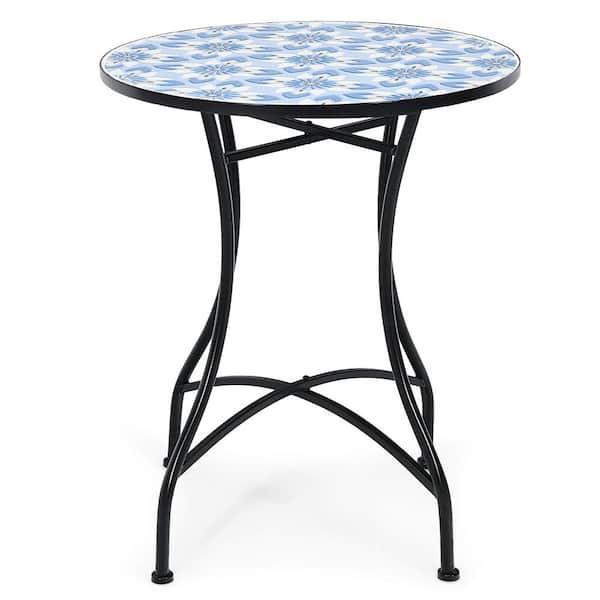 Costway 28.5 in. Round Mosaic Ceramic Outdoor Bistro Table with lant Stand Blue Flower Pattern