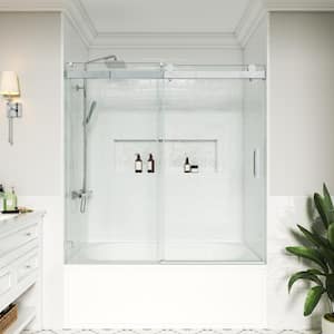 60 in. W x 66 in. H Single Sliding Frameless Soft Close Bathroom Tub Door in Chrome with Easy-Clean 3/8 in. Clear Glass