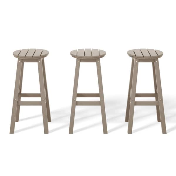 WESTIN OUTDOOR Laguna 29 in. HDPE Plastic All Weather Backless Round Seat Bar Height Outdoor Bar Stool in Weathered Wood (Set of 3)