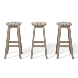 Laguna 29 in. HDPE Plastic All Weather Backless Round Seat Bar Height Outdoor Bar Stool in Weathered Wood (Set of 3)