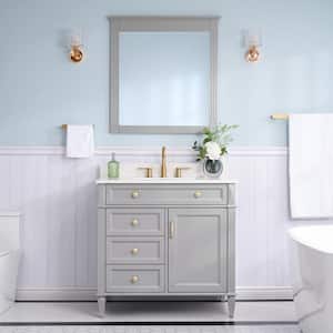 36 in. W x 22 in. D x 35 in. H Solid Wood Freestanding Bath Vanity in Grey with Single Sink, Carrera White Quartz Top