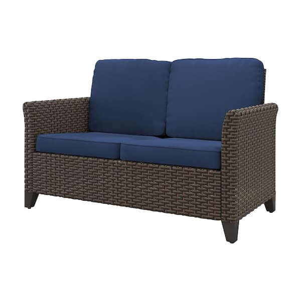 LATTOY Double Wicker Patio Outdoor Lounge Chair with Blue Cushions