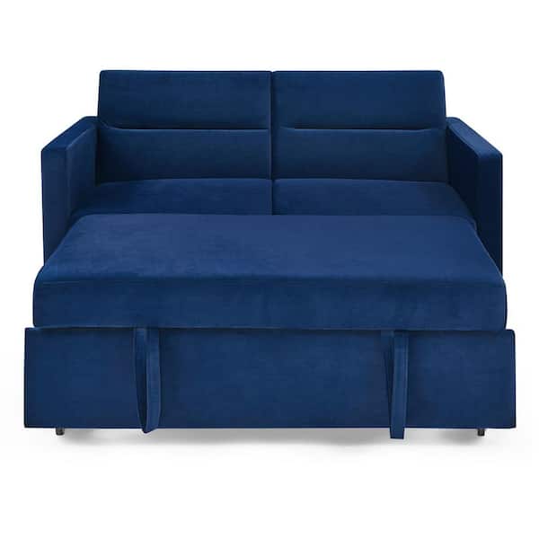 ZIRUWU 54.5 in.W Square Arm Velvet Straight Sofa in Blue, Sofa Bed with Pull-out Bed, Adjsutable Back and 2 Arm Pocket