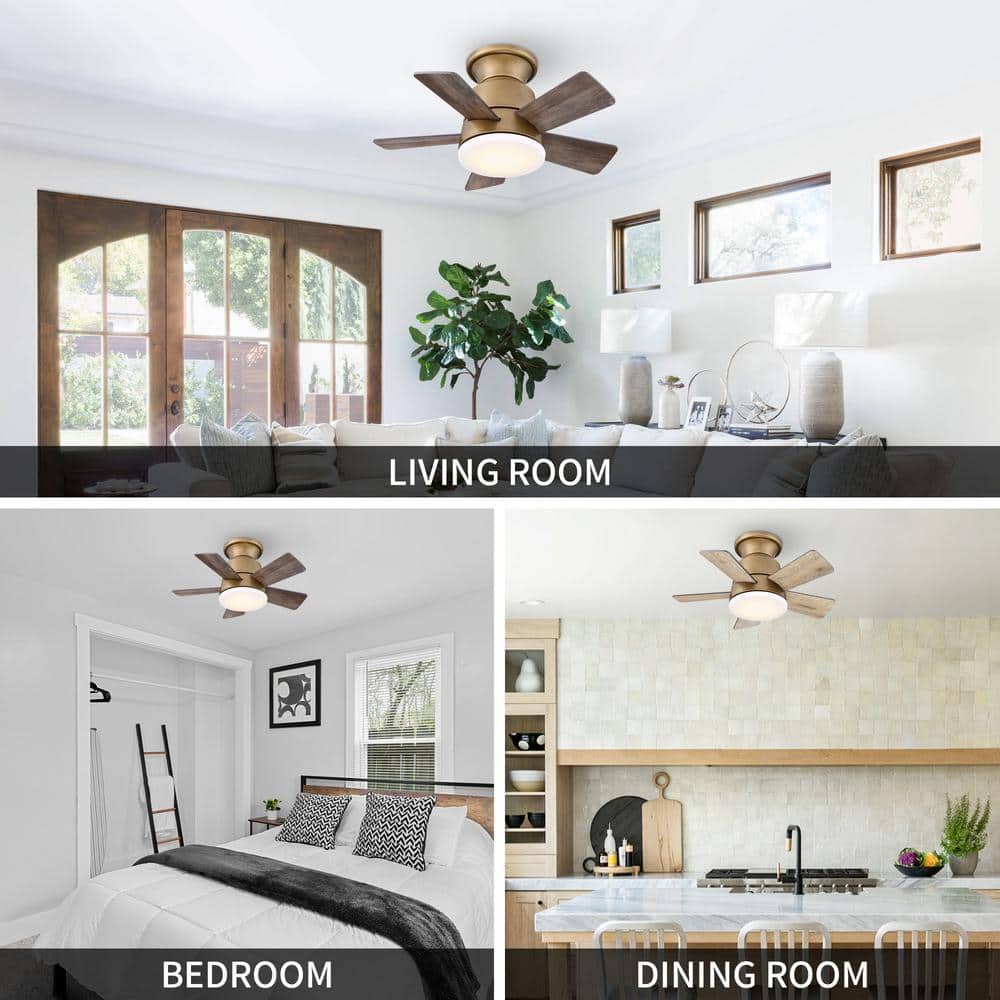 24" Brass Gold LED Flush Mount Ceiling Fan with Remote and Reversible Blades