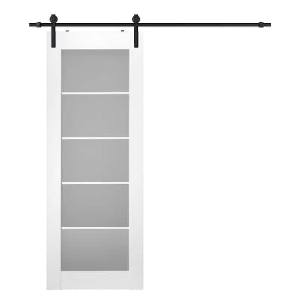 Belldinni Smart Pro 18 in. x 96 in. 5-Lite Frosted Glass Polar White Wood Composite Sliding Barn Door with Hardware Kit