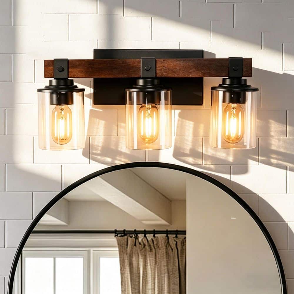 18.5 in. 3-Light Walnut Bathroom Vanity Light,Industrial Bathroom Wall Sconce with Glass Shades,Farmhouse Vanity Light price history on PriceWatchPro