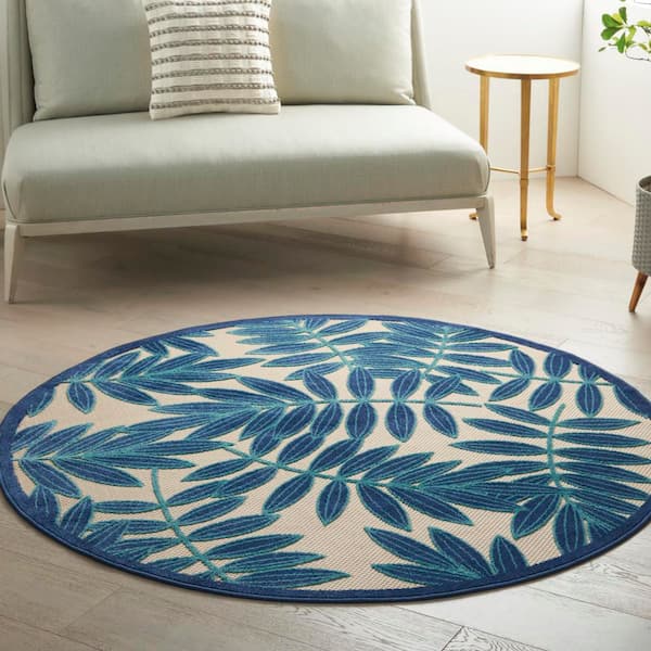Aloha Navy 4 ft. x 4 ft. Round Floral Contemporary Indoor/Outdoor Patio Area Rug