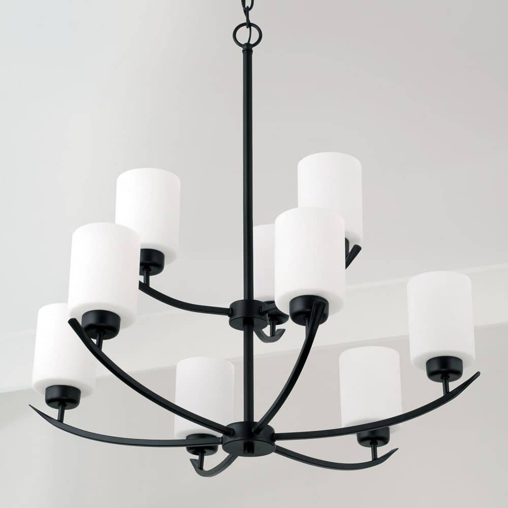 Matte Black 9-Light Chandelier with Soft White Glass Shades