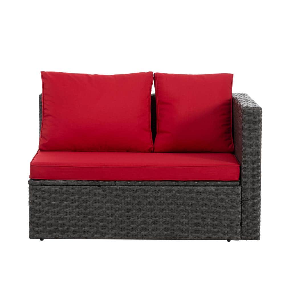 7-Piece Red Cushioned Dark Gray Wicker Outdoor Sectional Sofa Set