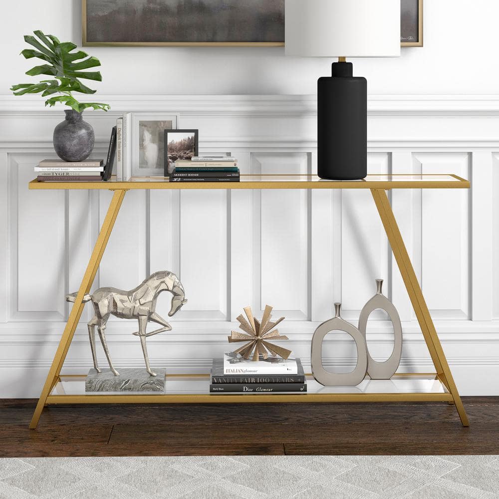 Yair Brass and Glass Rectangular Hallway Table with Storage