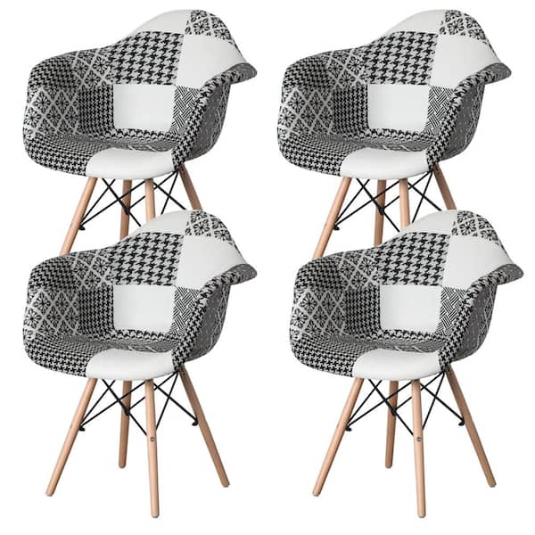 FABULAXE Mid-Century Modern Style Black and White Fabric Lined Armchair with Beech Wooden Legs (Set 4)