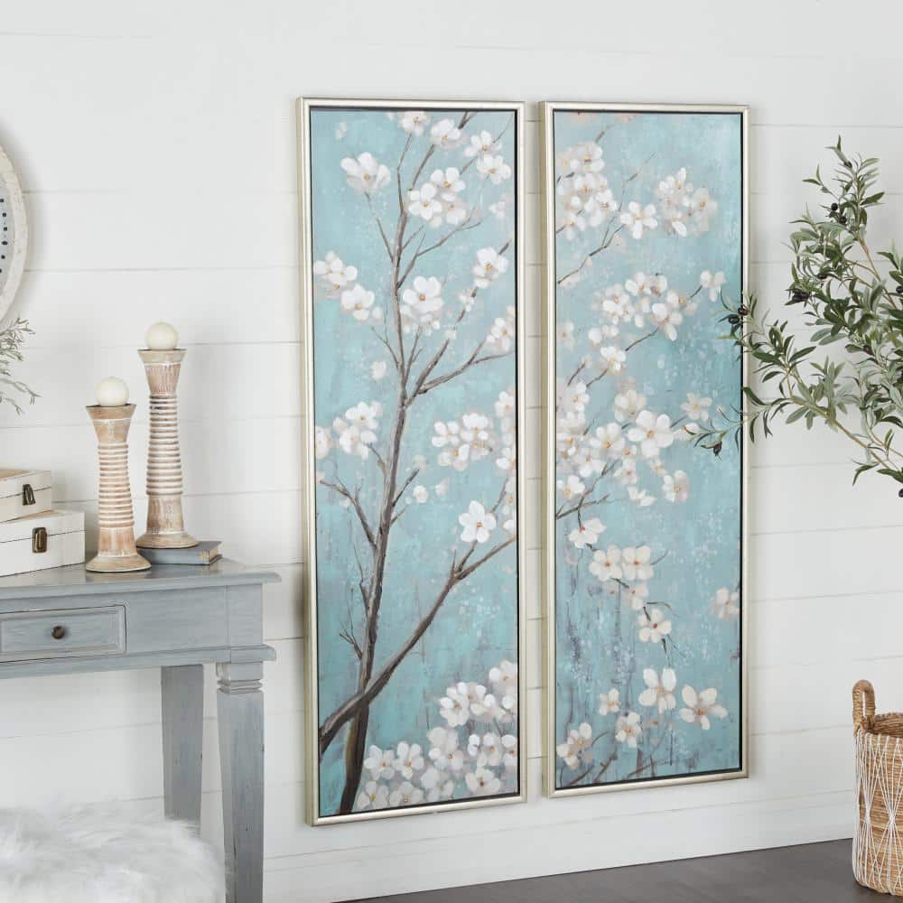 Teal and White Cherry Blossom Canvas Wall Art Set with Silver Frame
