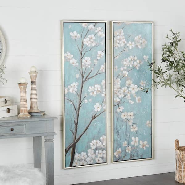 2- Panel Floral Cherry Blossom Framed Wall Art with Silver Frame 59 in. x 20 in.