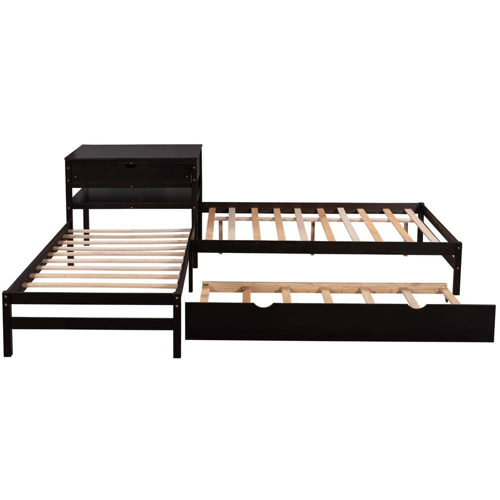 Espresso L-Shaped Full Size and Twin Size Platform Beds with Built Rectangl
