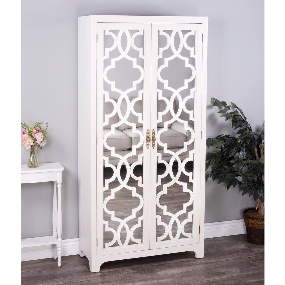 Elegant White Mirrored Armoire with Trellis Pattern and Brass Handles
