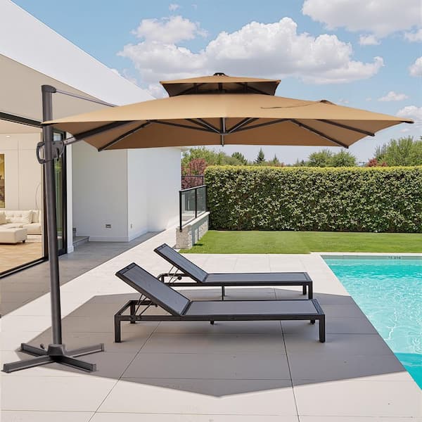 Double Top 11 ft. x 9 ft. Rectangular Aluminum Heavy-Duty 360° Rotation Cantilever Patio Umbrella in Tan