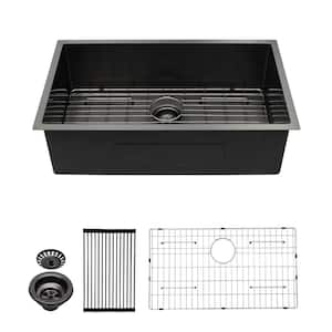 33 in. Undermount Single Bowl 16-Gauge Gunmetal Black Stainless Steel Kitchen Sink with Bottom Grid and Drying Rack