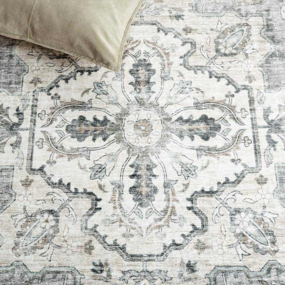 Light Grey and Beige Medallion Synthetic Washable Area Rug 5' x 8'