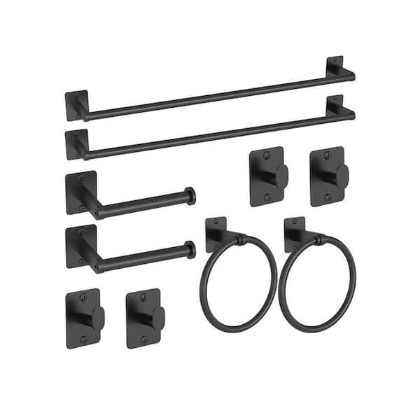 10-Piece Bathroom Hardware Accessories Set with 24 Inch Towel Bar Towel Rings Paper Holder Hooks in Matte Black