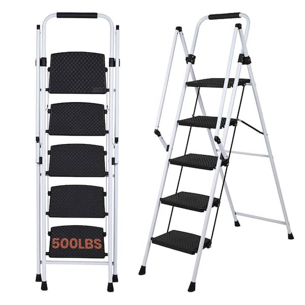 5-Step Carbon Steel Folding Step Ladder (9 ft. Reach), 500 lb. Load Capacity, with Anti Slip Wide Pedals and Handle