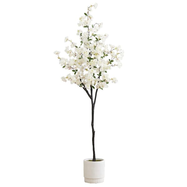 Nearly Natural 72 in. White Artificial Cherry Blossom Tree in White Decorative Planter