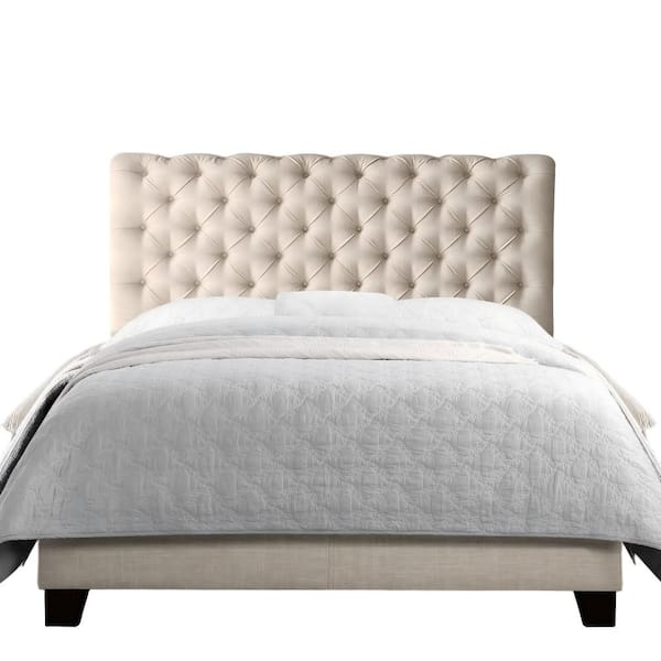 Beige Wood Frame Queen Luxury Upholstered Platform Bed with Tufted Headboard