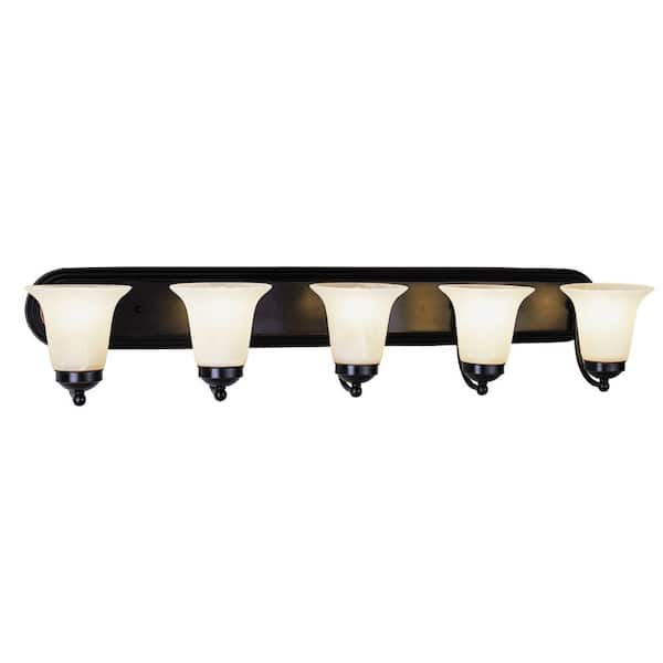 Bel Air Lighting Cabernet Collection 38 in. 5-Light Oiled Bronze Bathroom Vanity Light Fixture with White Marbleized Glass Shades