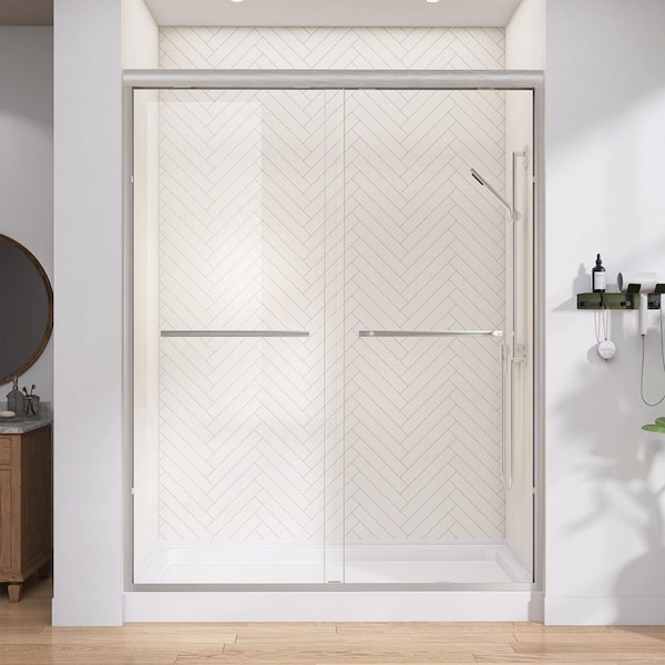 56 in.-60 in. W x 75 in. H Sliding Semi-Frameless Shower Door in Brushed Nickel with 1/4 in. Nano-Coated Clear Glass