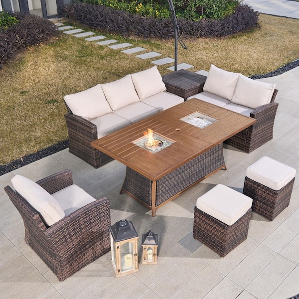 moda furnishings Lomax Brown 7-Piece Wicker Patio Fire Pit Conversation Sofa Set with Beige Cushions