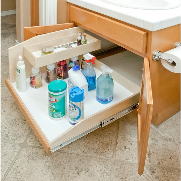 No wasted space! Custom sliding drawer under the bathroom sink