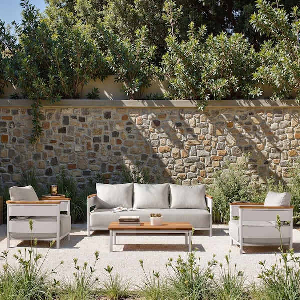 Rhodes 2-Piece Upholstered Teak and Aluminum Outdoor Sofa and Coffee Table Patio Set in Birch Gray