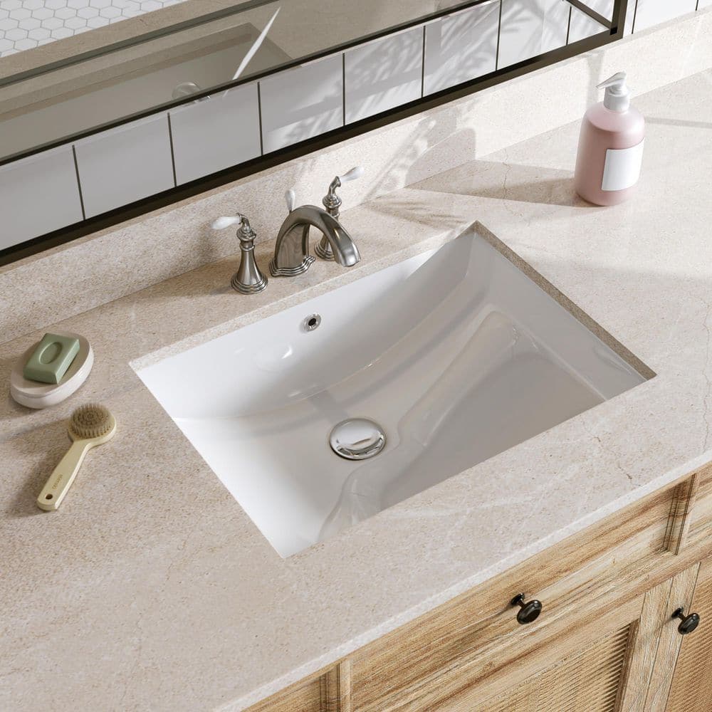 White Rectangular Ceramic Undermount Bathroom Sink with Overflow Hole