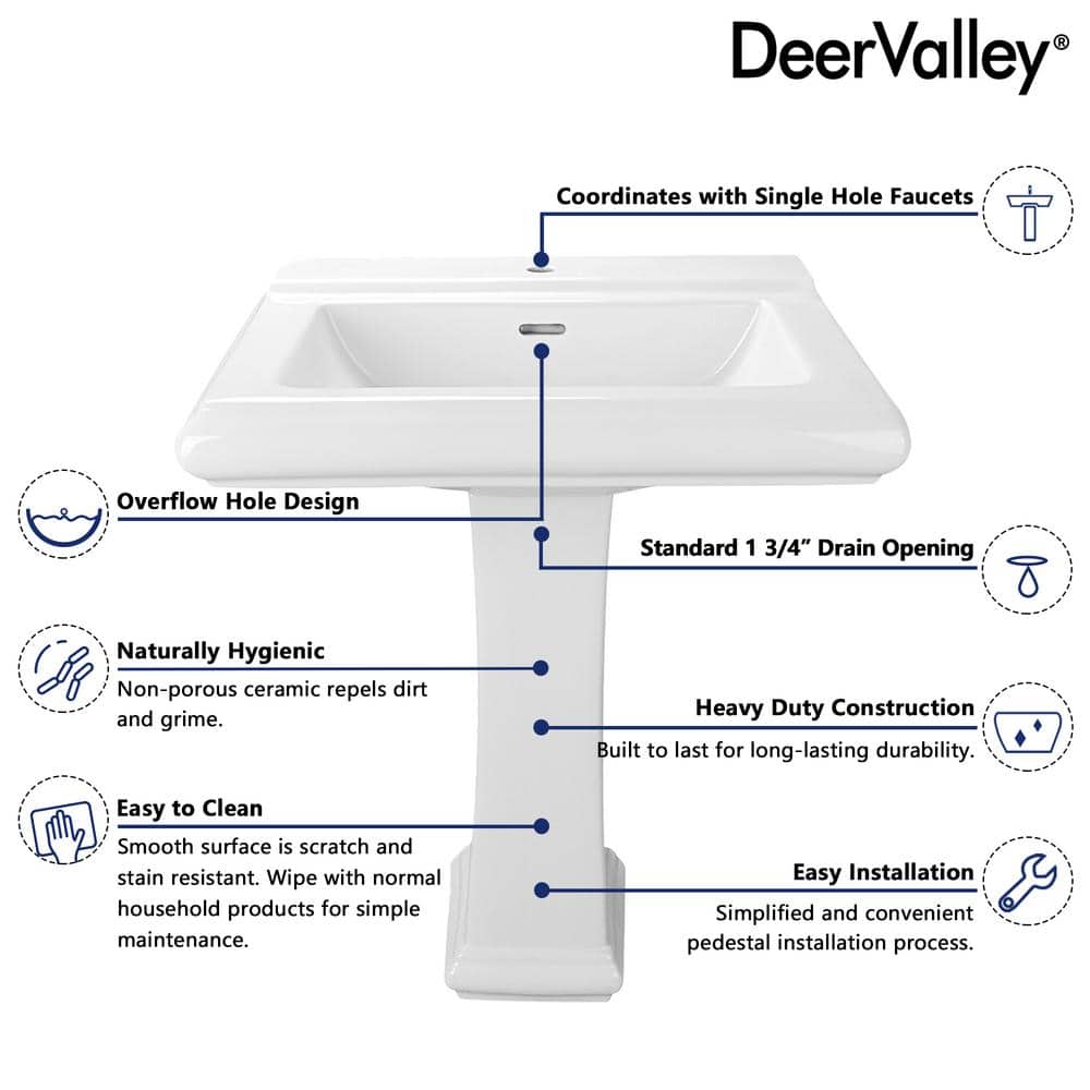 Apex 26" White Ceramic Rectangular Pedestal Bathroom Sink