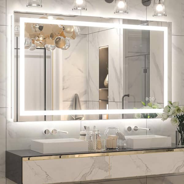 Apmir 40 in. W x 24 in. H Rectangular Frameless Double LED Lights Anti-Fog Wall Bathroom Vanity Mirror in Tempered Glass, 3-Color Frontlit & Backlit