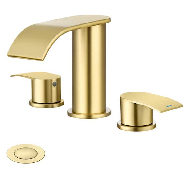 GAGALIFE 8 in. Widespread Double Handle Waterfall Spout Bathroom Vessel Sink Faucet with Pop Up Drain in Brushed Gold