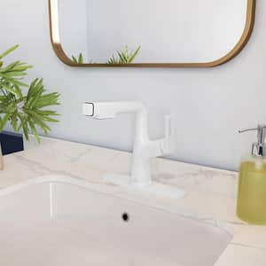 Single Handle Single Hole Bathroom Faucet with Pull-Out Sprayer and Deckplate included in Matte White